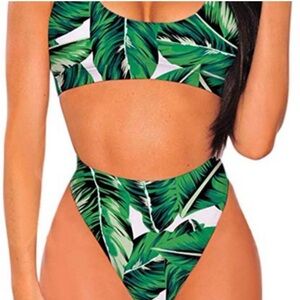 NEW High Waisted Bikini Sz Large Palm Tree Print, Tropical Design, Cheeky